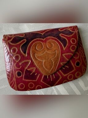 Handcrafted Red and Brown Leather Heart Coin Purse Tooled